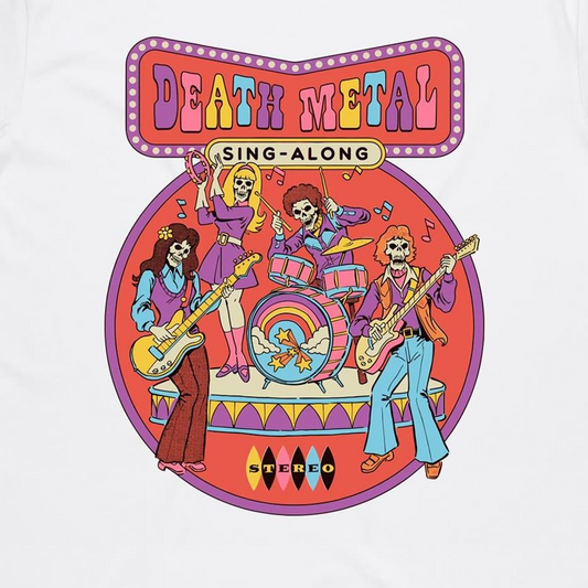 A white t-shirt featuring a colorful retro graphic of the band Death Metal performing live, with the text 'DEATH METAL SING-ALONG' above and 'STEREO' below the circular illustration.