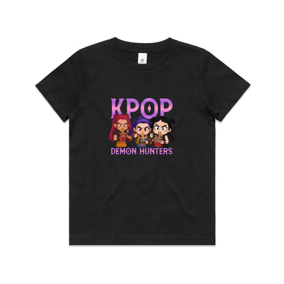 A graphic print featuring three chibi-style cartoon girls eating noodles, with the word 'K-POP' above them and 'DEMON HUNTERS' below