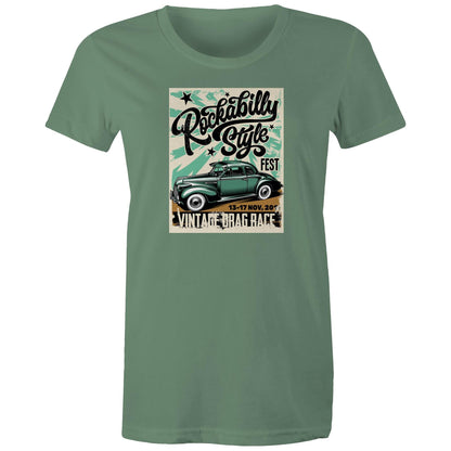 A vintage-style poster graphic on a sage green background, featuring the text 'Rockabilly Style FEST' in black script, a retro green car illustration, and 'VINTAGE DRAG RACE' with the date '13-17 NOV, 20'.