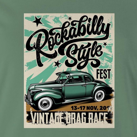 A vintage-style poster graphic on a sage green background, featuring the text 'Rockabilly Style FEST' in black script, a retro green car illustration, and 'VINTAGE DRAG RACE' with the date '13-17 NOV, 20'.
