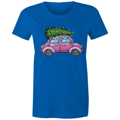 A women's t-shirt with a printed image of a Christmas tree on the front, resembling a car, on a marled background.
