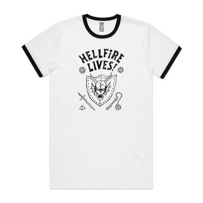 White ringer t-shirt with a black neck trim, featuring a black graphic print of a horned skull, dice, and the text 'HELLFIRE LIVES!' on the front.