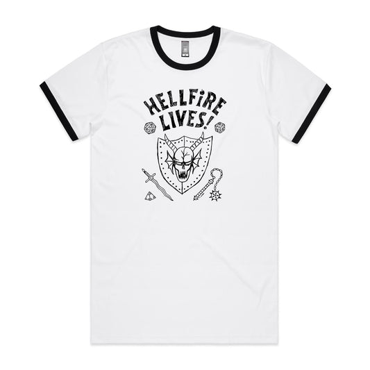 Hellfire Lives - Mens Ringer Tee- White/Black - Online Ordering Only