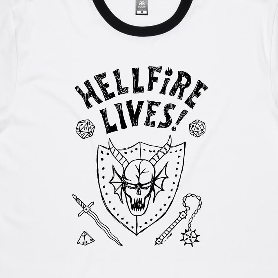 White ringer t-shirt with a black neck trim, featuring a black graphic print of a horned skull, dice, and the text 'HELLFIRE LIVES!' on the front.