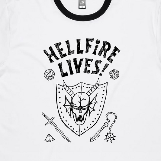 White ringer t-shirt with a black neck trim, featuring a black graphic print of a horned skull, dice, and the text 'HELLFIRE LIVES!' on the front.
