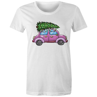 A pink women's t-shirt with a printed image of a Christmas tree on the front, resembling a car, on a marled background.