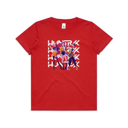 A close-up of a t-shirt featuring a graphic print of three stylized female anime characters in colorful outfits, overlaid with the word 'HUNTRX' repeated vertically in large white letters.