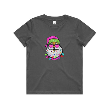 A festive embroidered Santa face design on fabric background. The Santa figure has a glittery pink Santa hat, heart-shaped pink glasses, a white beard decorated with colorful stars, and colorful Christmas lights around the bottom.
