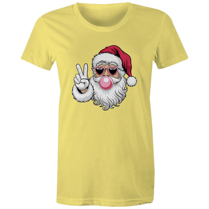 A red women's maple tee with a graphic of Santa Claus making a peace sign.