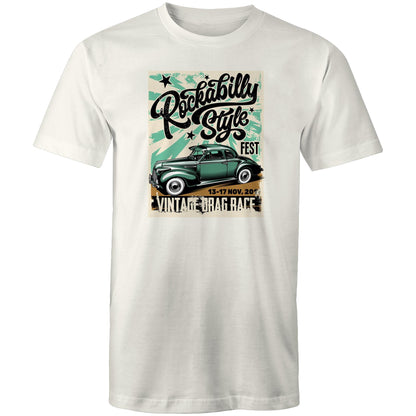 A vintage-style graphic print on a rectangular poster or t-shirt design featuring the words 'Rockabilly Style Fest' and 'Vintage Drag Race' with a green classic car illustration. The design has distressed black lettering, teal starburst shapes, and a tan base, shown against a plain light background.