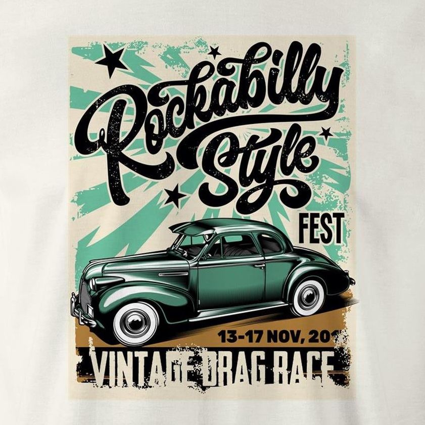 A vintage-style graphic print on a rectangular poster or t-shirt design featuring the words 'Rockabilly Style Fest' and 'Vintage Drag Race' with a green classic car illustration. The design has distressed black lettering, teal starburst shapes, and a tan base, shown against a plain light background.