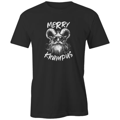 A black graphic print featuring a stylized white illustration of a bearded ram with curled horns and glasses, with the text 'MERRY KRAMPUS' in a bold white hand-drawn font above and below.