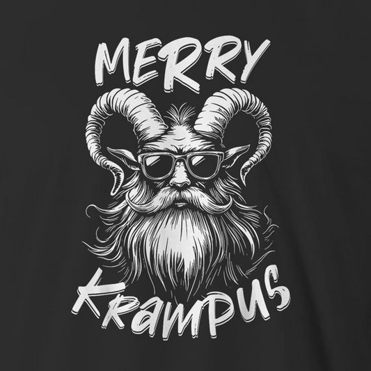 A black graphic print featuring a stylized white illustration of a bearded ram with curled horns and glasses, with the text 'MERRY KRAMPUS' in a bold white hand-drawn font above and below.