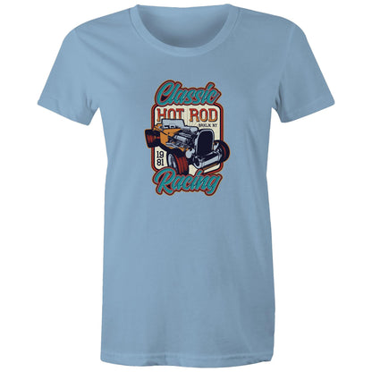 women's t-shirt with 'Classic Hot Rod' and related graphics printed on the front.