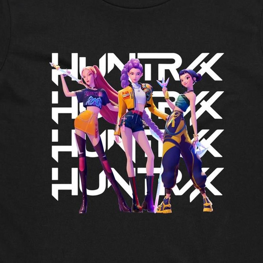 A close-up of a black t-shirt featuring a graphic print of three stylized female characters in colorful outfits, overlaid with the word 'HUNTER' repeated vertically in bold white letters.