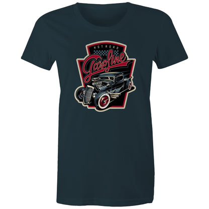 women's t-shirt with a graphic print of a vintage car and the text 'Hot Road Gasoline' on the front.