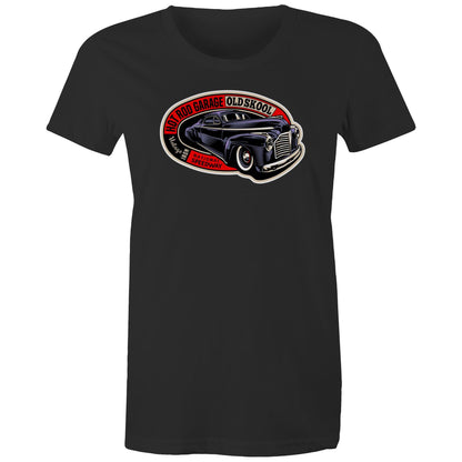 A close-up of a t-shirt featuring a vintage-style graphic print of a black classic car with red, white, and black text reading 'HOT ROD GARAGE OLD SKool' and 'Vintage Iron National Speedway'.