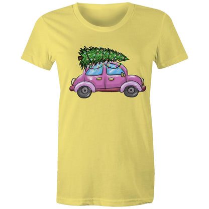 A women's t-shirt with a printed image of a Christmas tree on the front, resembling a car, on a marled background.