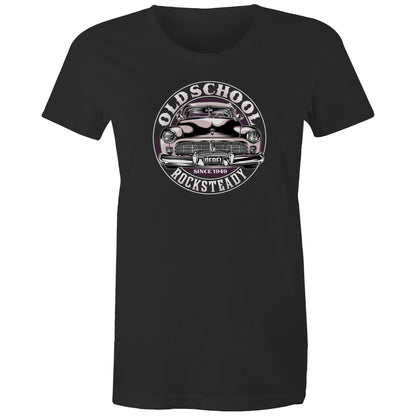 A close-up of a heather gray t-shirt featuring a circular graphic print of a vintage car with the text 'OLD SCHOOL ROCKSTEADY' and 'SINCE 1949'.
