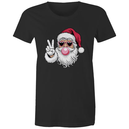 A red women's maple tee with a graphic of Santa Claus making a peace sign.