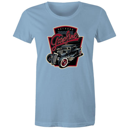 women's t-shirt with a graphic print of a vintage car and the text 'Hot Road Gasoline' on the front.