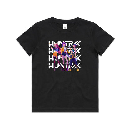 A close-up of a t-shirt featuring a graphic print of three stylized female anime characters in colorful outfits, overlaid with the word 'HUNTRX' repeated vertically in large white letters.