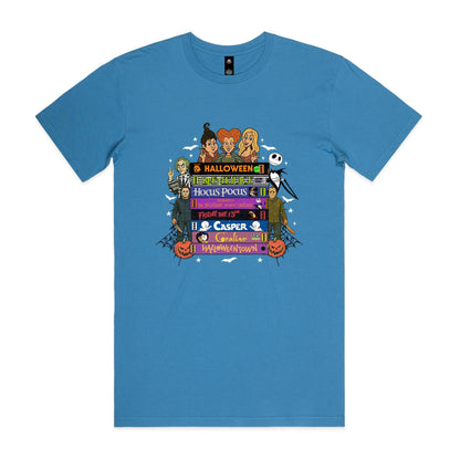 A graphic print featuring cartoon characters and movie titles from the Halloween franchise, including Dr. Seuss, Jack Skellington, Michael Myers, Sally, and various film titles like 'Halloween', 'Bedazzle', 'Hocus Pocus', 'Friday the 13th', 'Casper', and 'Gorillaz vs.