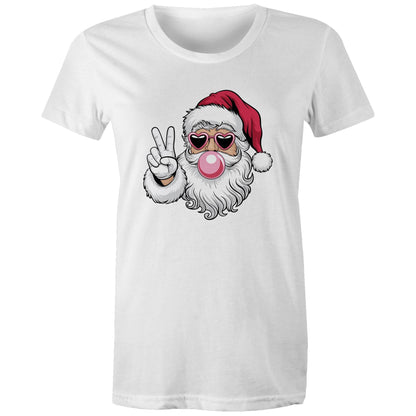 A red women's maple tee with a graphic of Santa Claus making a peace sign.
