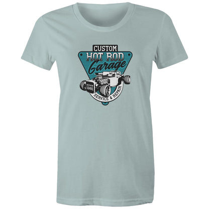 colored women's t-shirt with a 'Custom Hot Rod Garage' graphic print in the center.