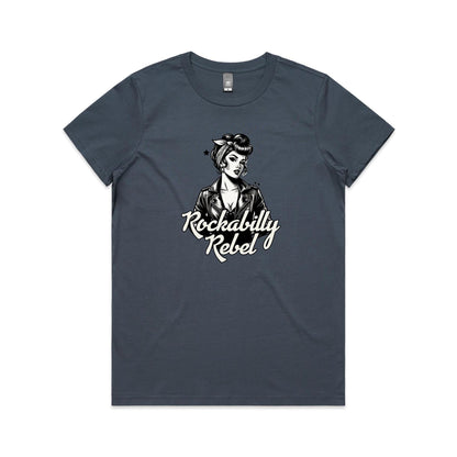 A black and white graphic print on a white fabric background, featuring a retro pin-up style woman in a leather jacket with the text 'Rockabilly Rebel'.