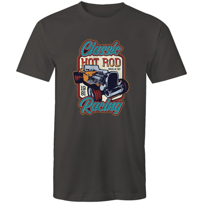 A vintage-style graphic print featuring a hot rod car with an exposed engine, surrounded by the words 'Classic Hot Rod Racing' and '1981 BRKLN. NY' 