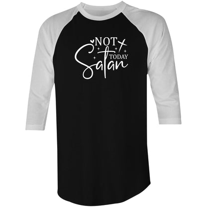 A close-up of a raglan-style baseball t-shirt featuring a black body and white sleeves, with a white graphic print on the front that reads 'NOT TODAY Satan' in stylized lettering.