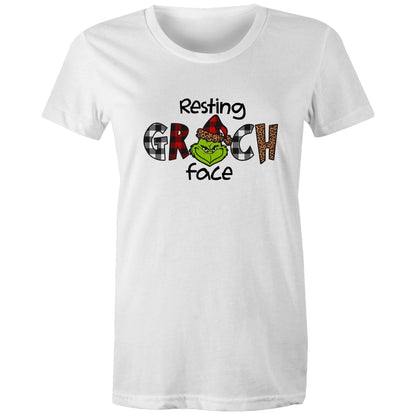 A white women's maple tee with 'Resting GRINCH FACE' printed on the front.