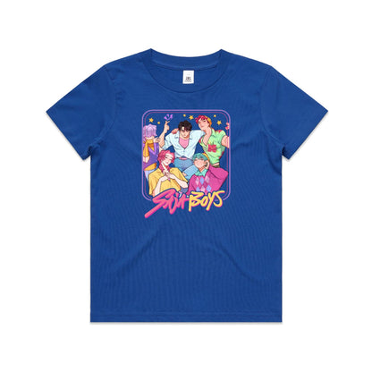 A close-up of a t-shirt featuring a colorful graphic print of five illustrated anime-style boys with the text 'Stu Boys' in pink and yellow stylized lettering.