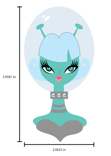 A decorative oval mirror with a glittery white reflective surface featuring a cartoon alien face in teal and light blue, with rhinestone accents and a silver heart-shaped base.