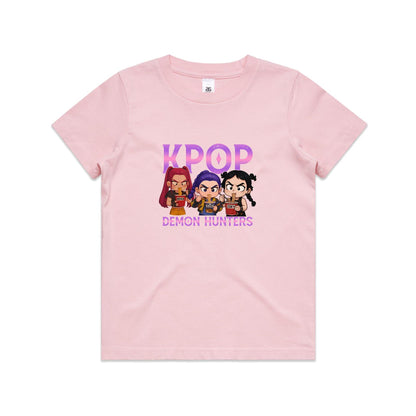 A graphic print featuring three chibi-style cartoon girls eating noodles, with the word 'K-POP' above them and 'DEMON HUNTERS' below