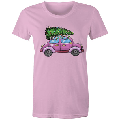 A pink women's t-shirt with a printed image of a Christmas tree on the front, resembling a car, on a marled background.