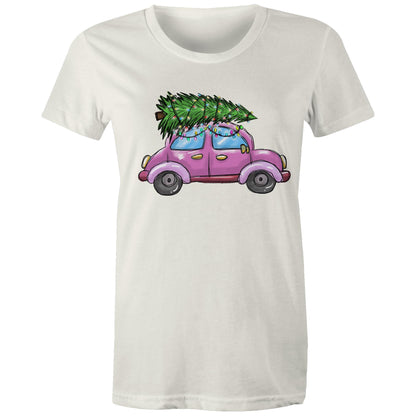 women's t-shirt with a printed image of a Christmas tree on the front, resembling a car, on a marled background.