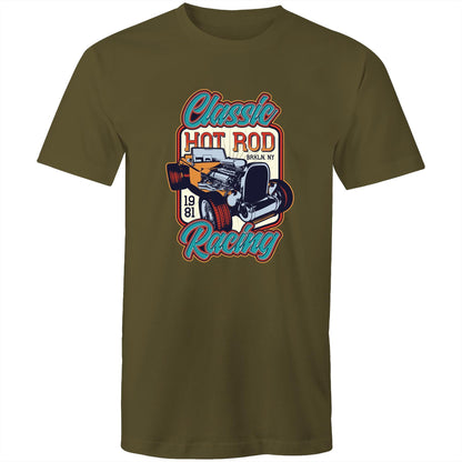 A vintage-style graphic print featuring a hot rod car with an exposed engine, surrounded by the words 'Classic Hot Rod Racing' and '1981 BRKLN. NY' 