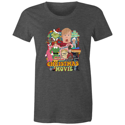 A blue graphic t-shirt featuring a colorful collage of characters and text from the movie 'The Grinch' parody titled 'Christmas Movie'.