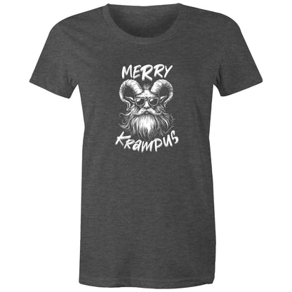 A black graphic print featuring a stylized ram-headed bearded man wearing sunglasses, with the words 'MERRY KRAMPUS' in a white hand-drawn font.