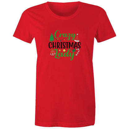 A red women's crew neck t-shirt with 'Crazy Christmas Lady' text and Christmas themed graphics including Santa, reindeer, and holiday ornaments.
