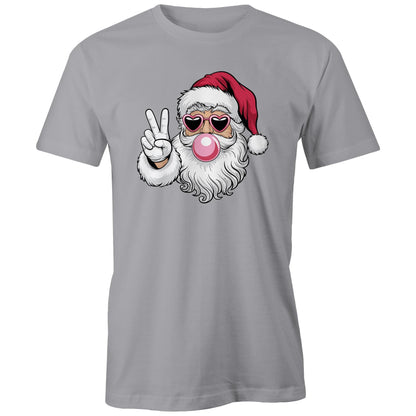 A black crew neck t-shirt with a printed graphic of Santa Claus making a peace sign, wearing sunglasses, and having a pink bubble gum.