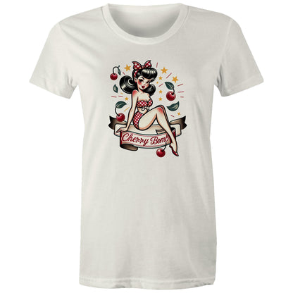 A black women's t-shirt with a printed graphic of a pinup style illustration featuring a character with a bow and stars, and the text 'Cherry Bomb'.