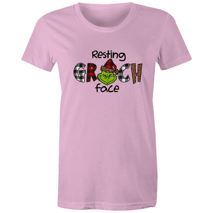A white women's maple tee with 'Resting GRINCH FACE' printed on the front.