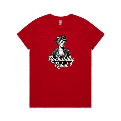 A black and white graphic print on a white fabric background, featuring a retro pin-up style woman in a leather jacket with the text 'Rockabilly Rebel'.