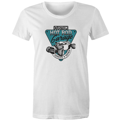colored women's t-shirt with a 'Custom Hot Rod Garage' graphic print in the center.