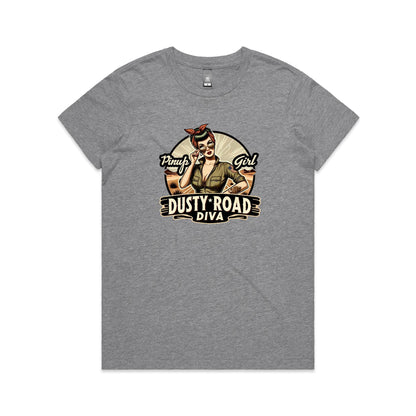 A graphic print on a white background featuring a retro-style pinup illustration of a woman with sunglasses, a red bandana, and an olive green shirt, with the text 'Pinup Girl' and 'Dusty Road Diva'.