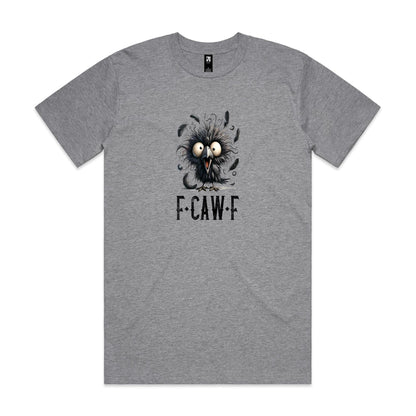A graphic design featuring a cartoon raven with wide eyes, messy black feathers, and the text 'F-CAW-F' below it, centered on a light gray background.