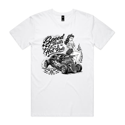 A black and white graphic print on a white background featuring a pin-up style woman sitting on a hot rod car with the text 'Speed Thrills & Hot Rods' and racing-themed illustrations.